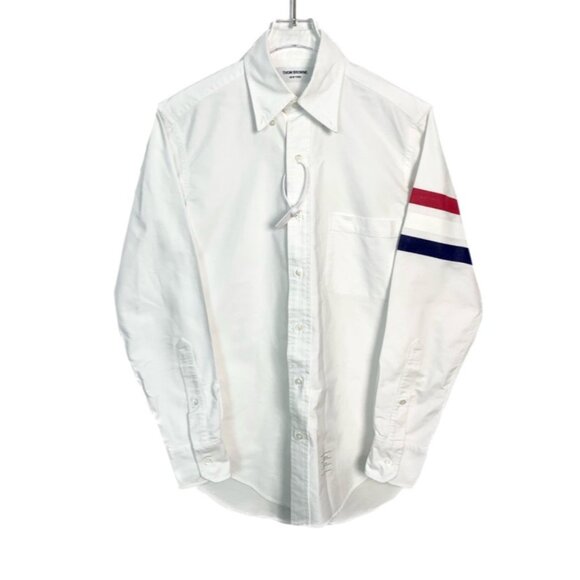 Thom Browne White Long Sleeve Shirt with Tricolor Stripe Notch Collar - Picture 1 of 7